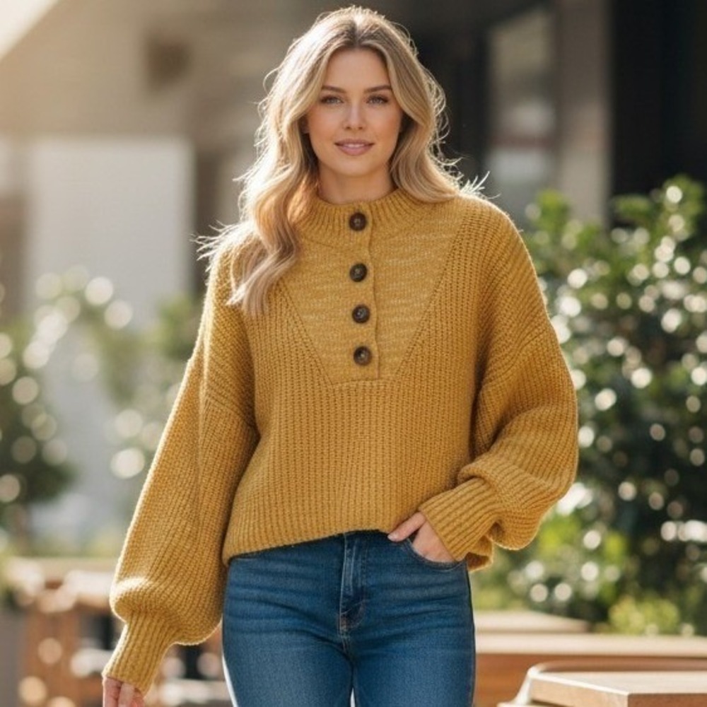 Henley Chunky Sweater Large Knit Cozy Boxy Fit Oversized Fall Autumn Yellow